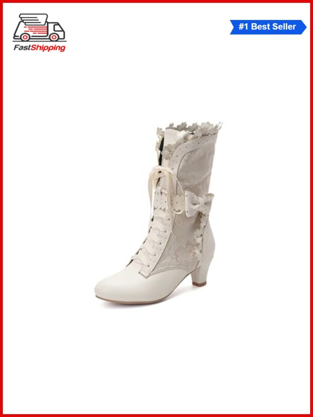 Mid-Calf Lace Up Boots Kitten Heel Faux Leather Victorian Gothic Cosplay